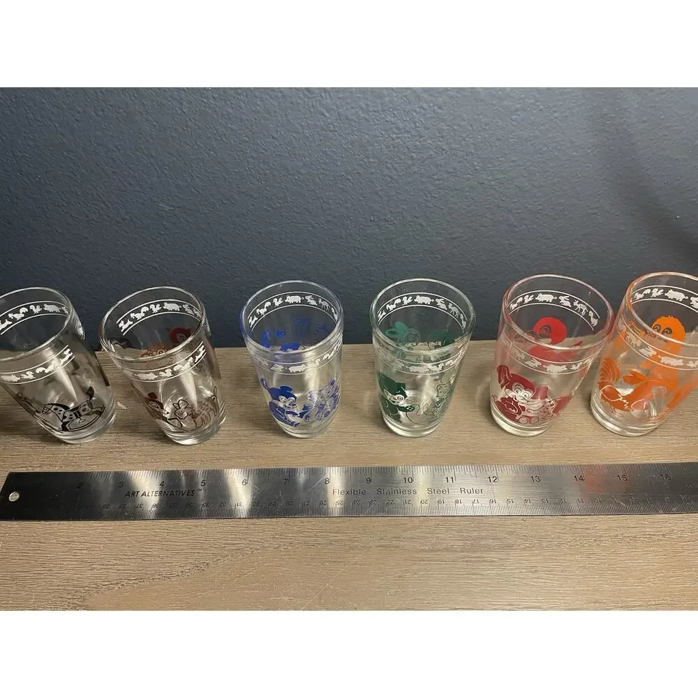 1956 Kraft Swanky Swigs Kiddie Kups Set 6 Hazel Atlas Animal Juice Glasses